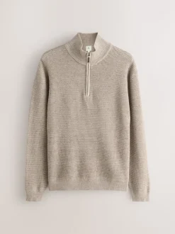 Neutraal - Effen - Regular Fit Cotton Rich Textured Premium Quarter Zip Jumper