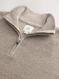 Neutraal - Effen - Regular Fit Cotton Rich Textured Premium Quarter Zip Jumper