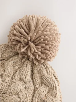 Neutraal - Kabelgebreide Inca-muts met pompon (3mnd-10jr)