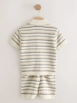 Neutraal - Set van gebreid poloshirt met textuur en reverskraag en shorts (3mnd -10jr)