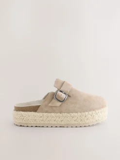 Neutraal - Suède espadrille klompen met ronde neus en dikke zool