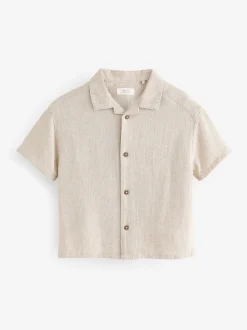 Neutraal effen - Overhemd van linnenmix met korte mouwen en reverskraag (3mnd-7jr)