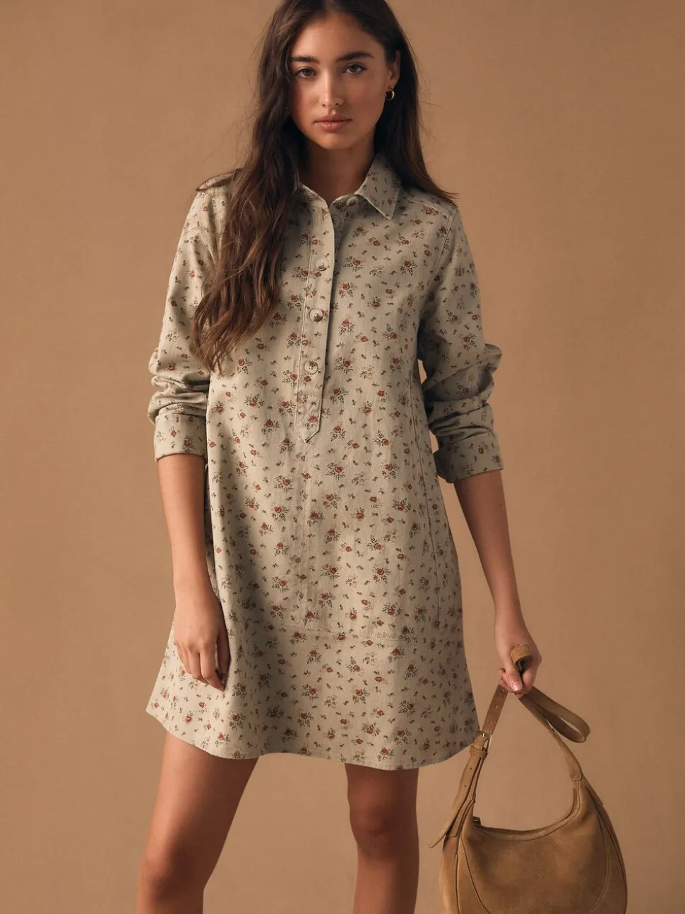 Neutraal gebloemd - Long Sleeve Cotton Twill Overhead Shirt Dress