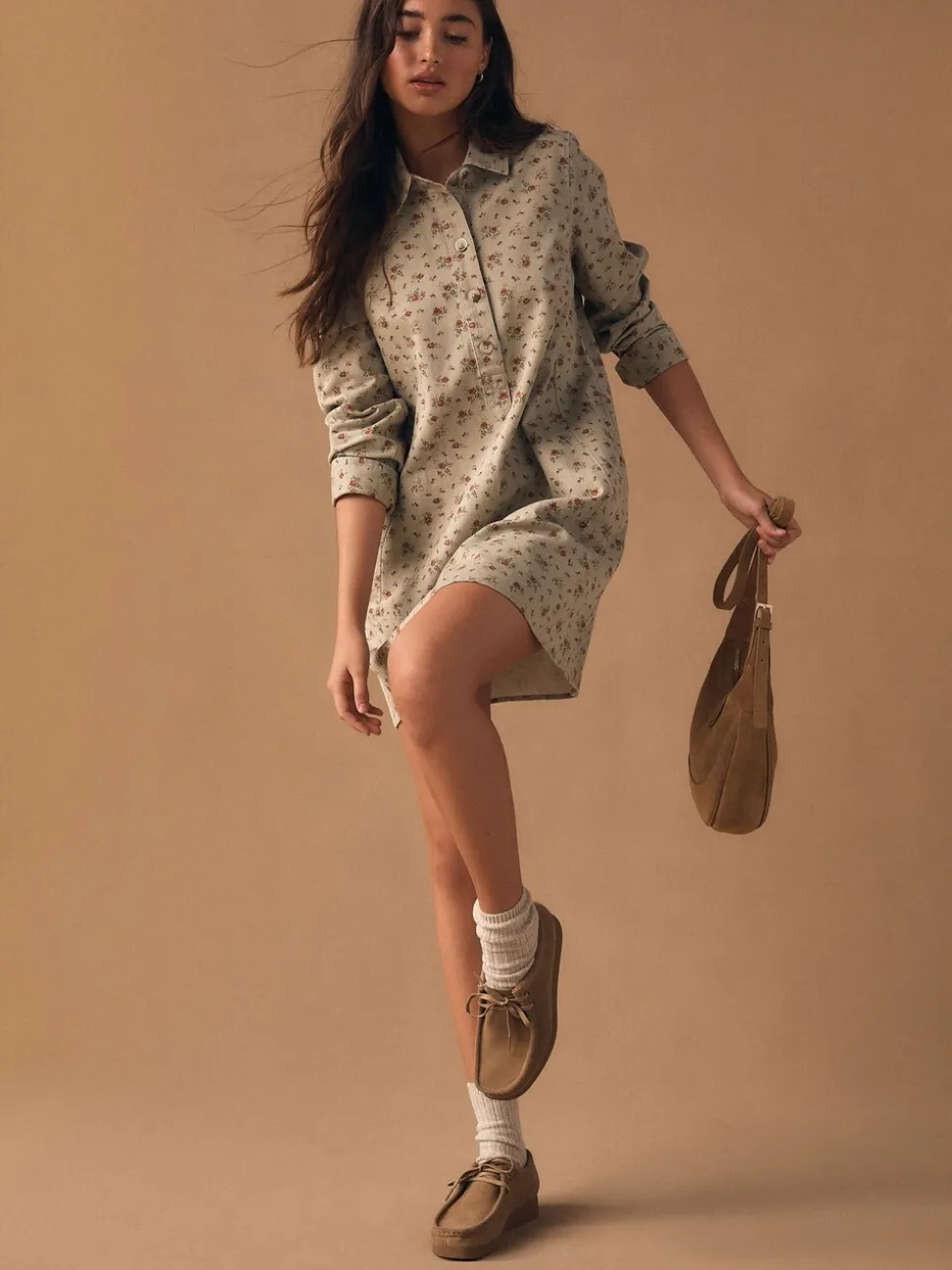 Neutraal gebloemd - Long Sleeve Cotton Twill Overhead Shirt Dress