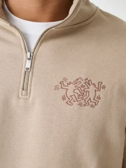 Neutraal kiezelkleurig - Keith Haring Licence Graphic Print Quarter Zip Neck Sweatshirt