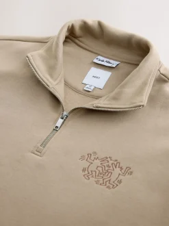 Neutraal kiezelkleurig - Keith Haring Licence Graphic Print Quarter Zip Neck Sweatshirt