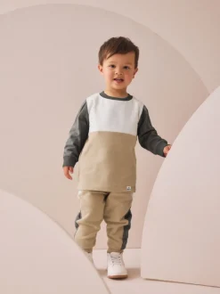 Neutraal/grijs - Set van zacht T-shirt met lange mouwen en joggingbroek (3mnd-7jr)