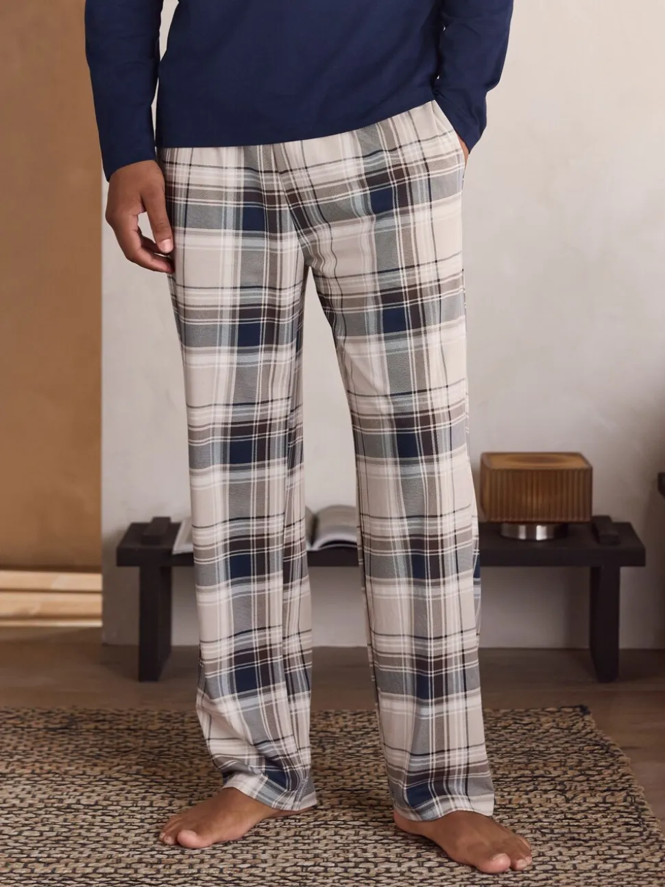 Neutraal/marineblauw - Geruite pyjamaset met korte jersey mouwen 2 stuks