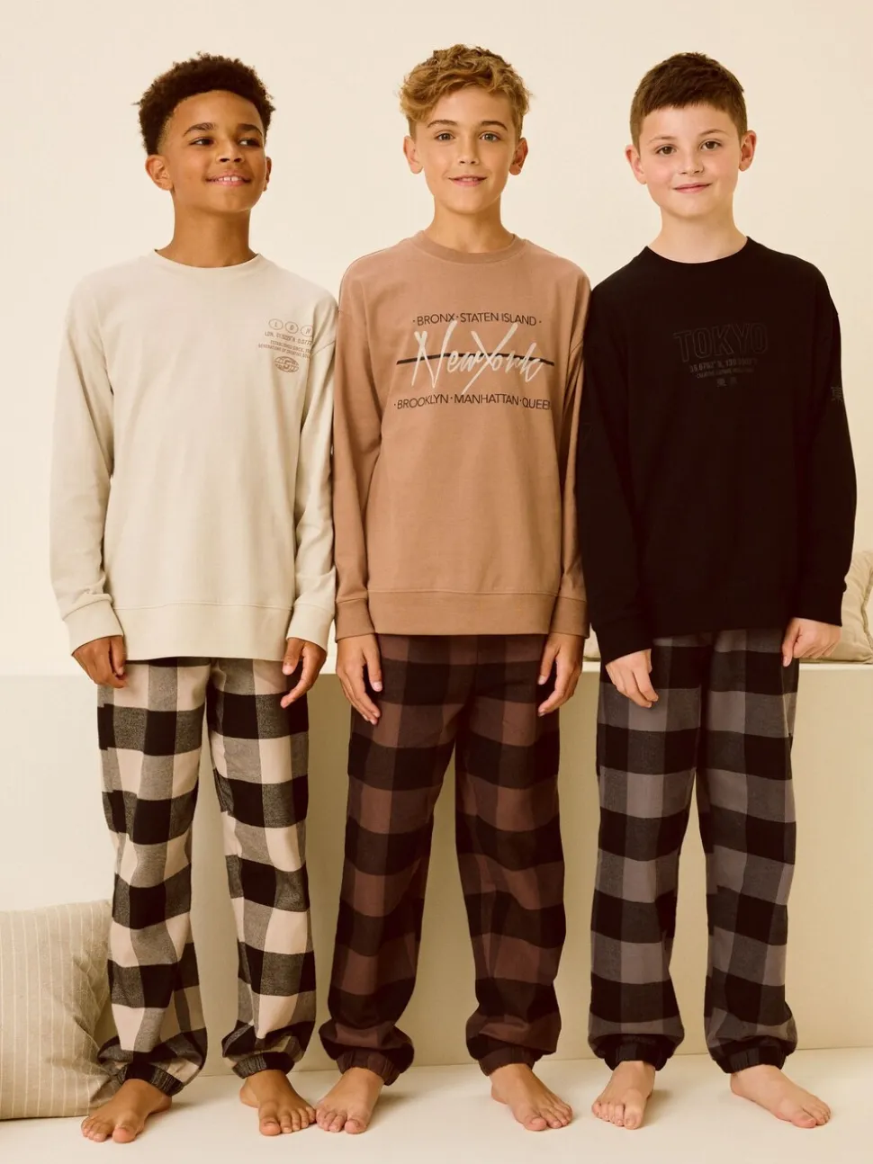Neutraal/zwart - Verpakking van 3 geweven geruite pyjama's (3-16 jr)