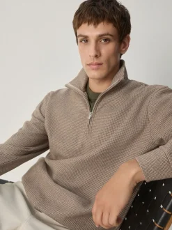 Neutral Brown Dogtooth - Long Sleeve Quarter Zip Jumper
