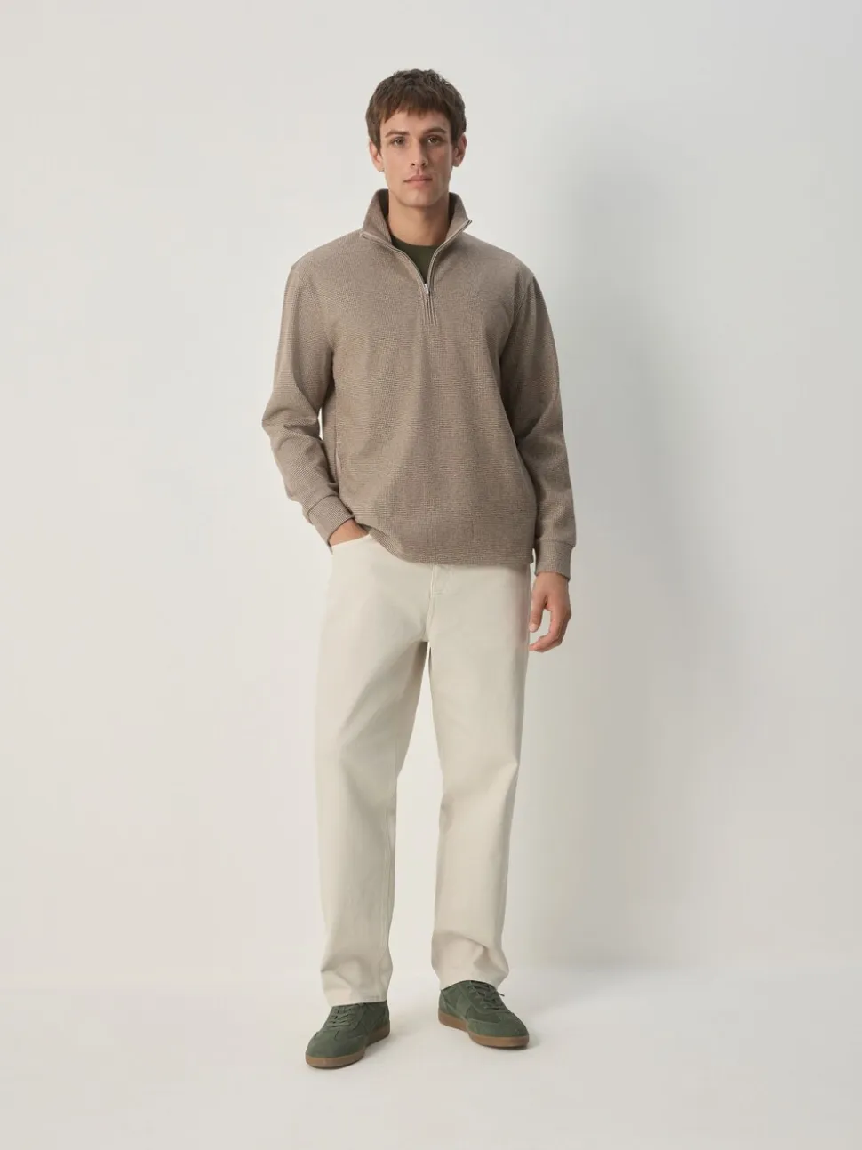 Neutral Brown Dogtooth - Long Sleeve Quarter Zip Jumper