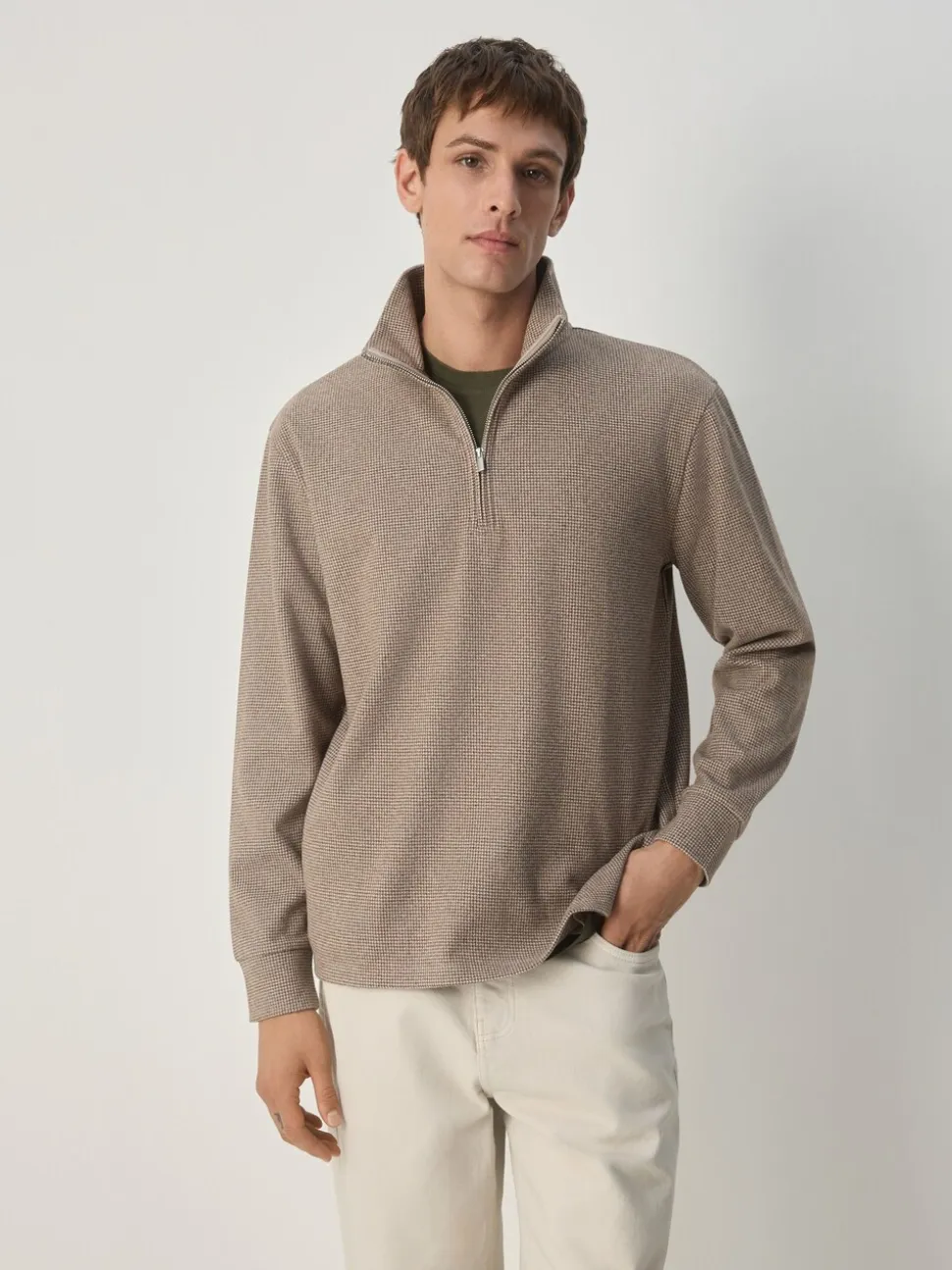 Neutral Brown Dogtooth - Long Sleeve Quarter Zip Jumper