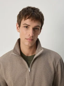 Neutral Brown Dogtooth - Long Sleeve Quarter Zip Jumper