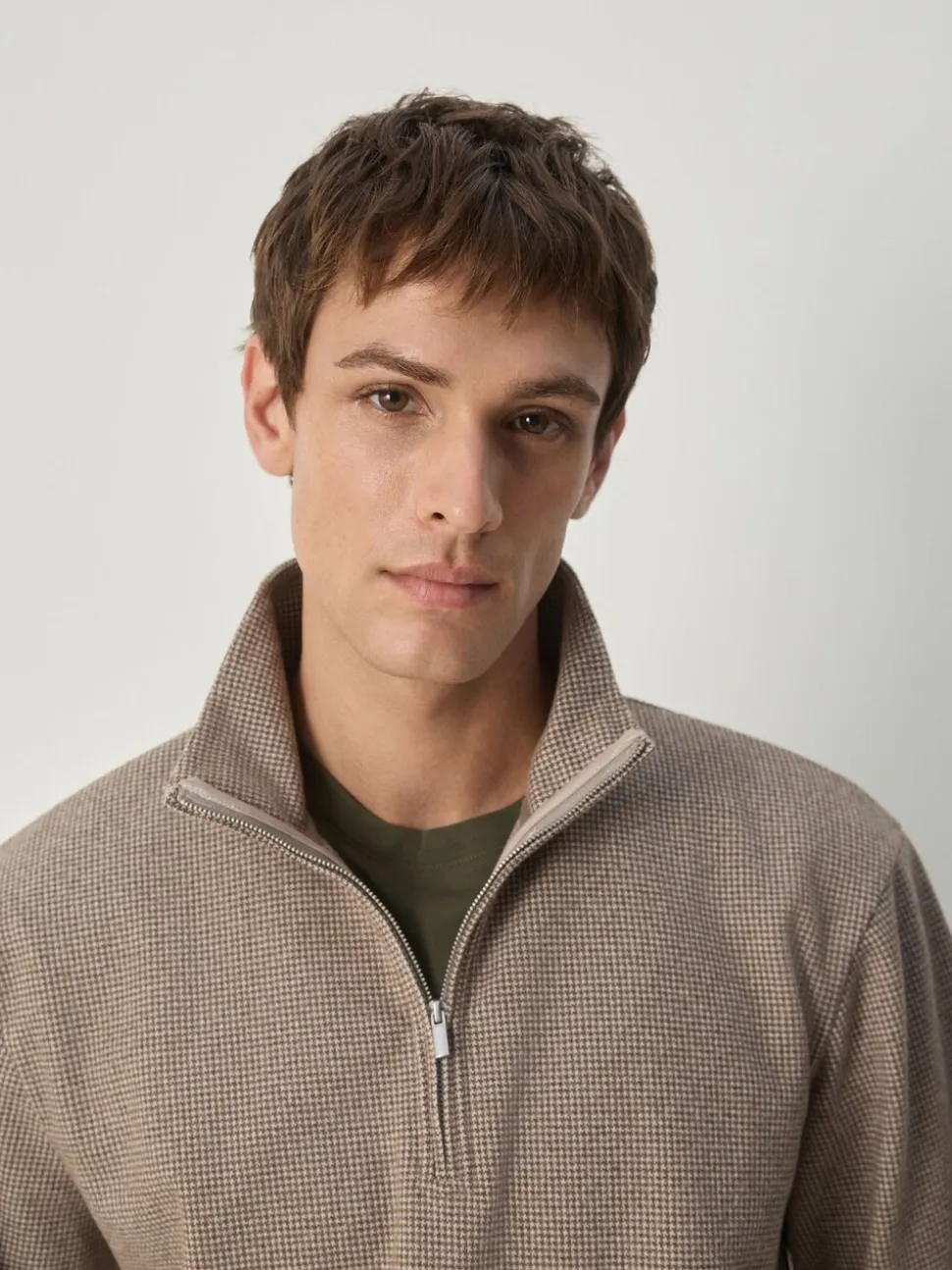 Neutral Brown Dogtooth - Long Sleeve Quarter Zip Jumper
