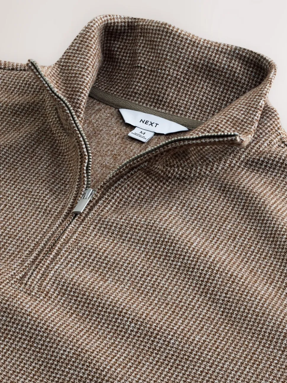 Neutral Brown Dogtooth - Long Sleeve Quarter Zip Jumper
