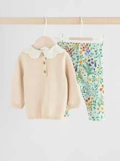 Neutrale Eend/Saliegroen met fijne print - 2 -delige babyset met gebreide trui en legging (0mnd-3jr)