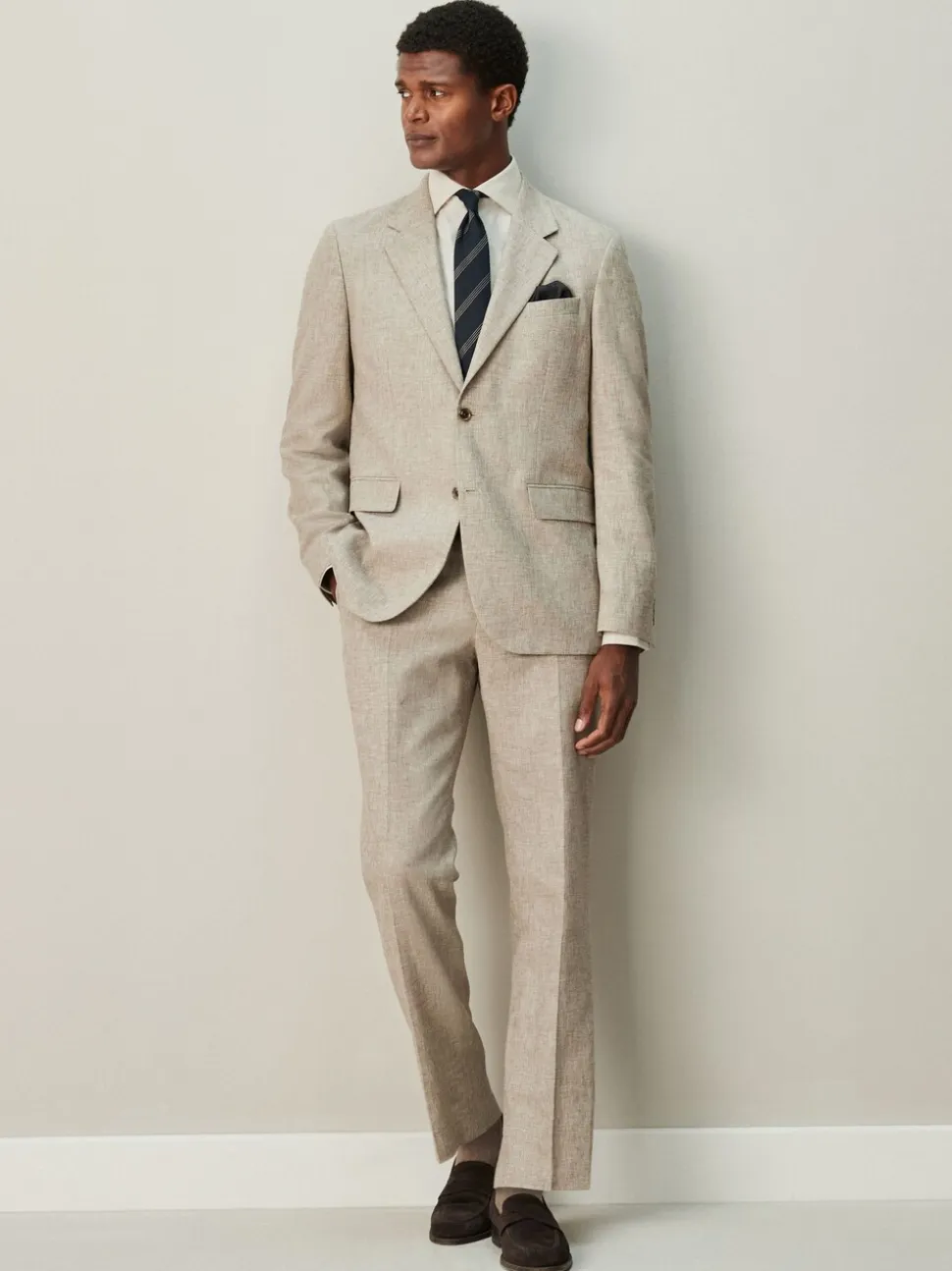 Neutral/Navy Stripe - Normale Pasvorm - Set van overhemd met stropdas
