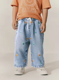 Normaal blauw - 100% katoenen denim jeans met borduursel (3mnd -7jr)