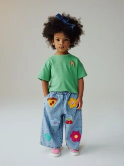 Normaal blauw - Crochet Embellished Wide leg Jeans (3mths-7yrs)