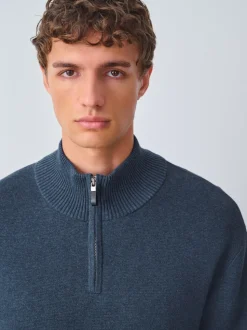 Normaal blauw - Effen - Regular fit 100% katoenen premium trui met korte rits
