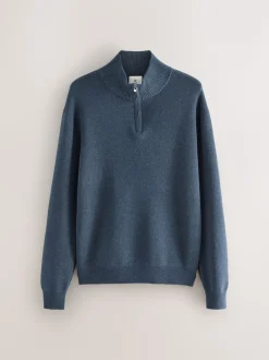 Normaal blauw - Effen - Regular fit 100% katoenen premium trui met korte rits