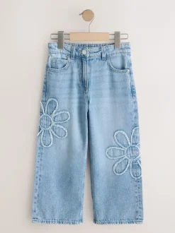 Normaal blauw - Floral Appliqué Wide Leg Jeans (3-16yrs)