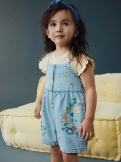Normaal blauw - Floral Embroidered Denim Playsuit and T-Shirt (3mths-7yrs)