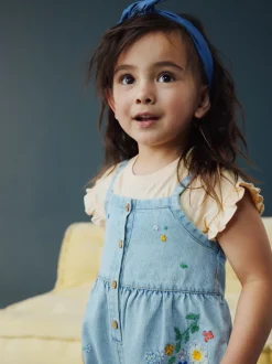 Normaal blauw - Floral Embroidered Denim Playsuit and T-Shirt (3mths-7yrs)