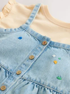 Normaal blauw - Floral Embroidered Denim Playsuit and T-Shirt (3mths-7yrs)