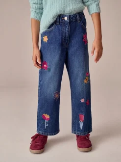 Normaal blauw - Jeans met rechte pijpen en bloemenborduursel (3-16jr)