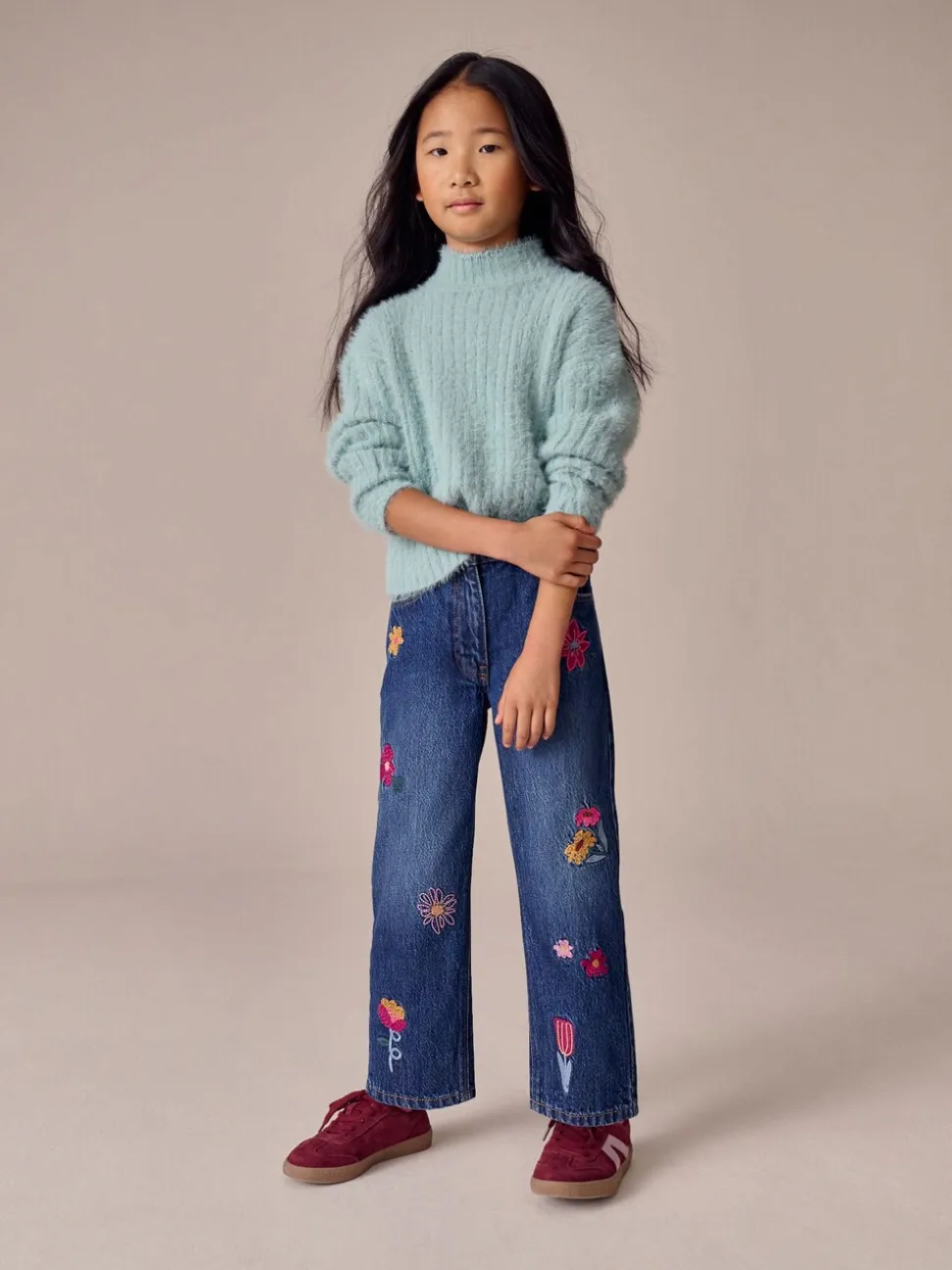 Normaal blauw - Jeans met rechte pijpen en bloemenborduursel (3-16jr)