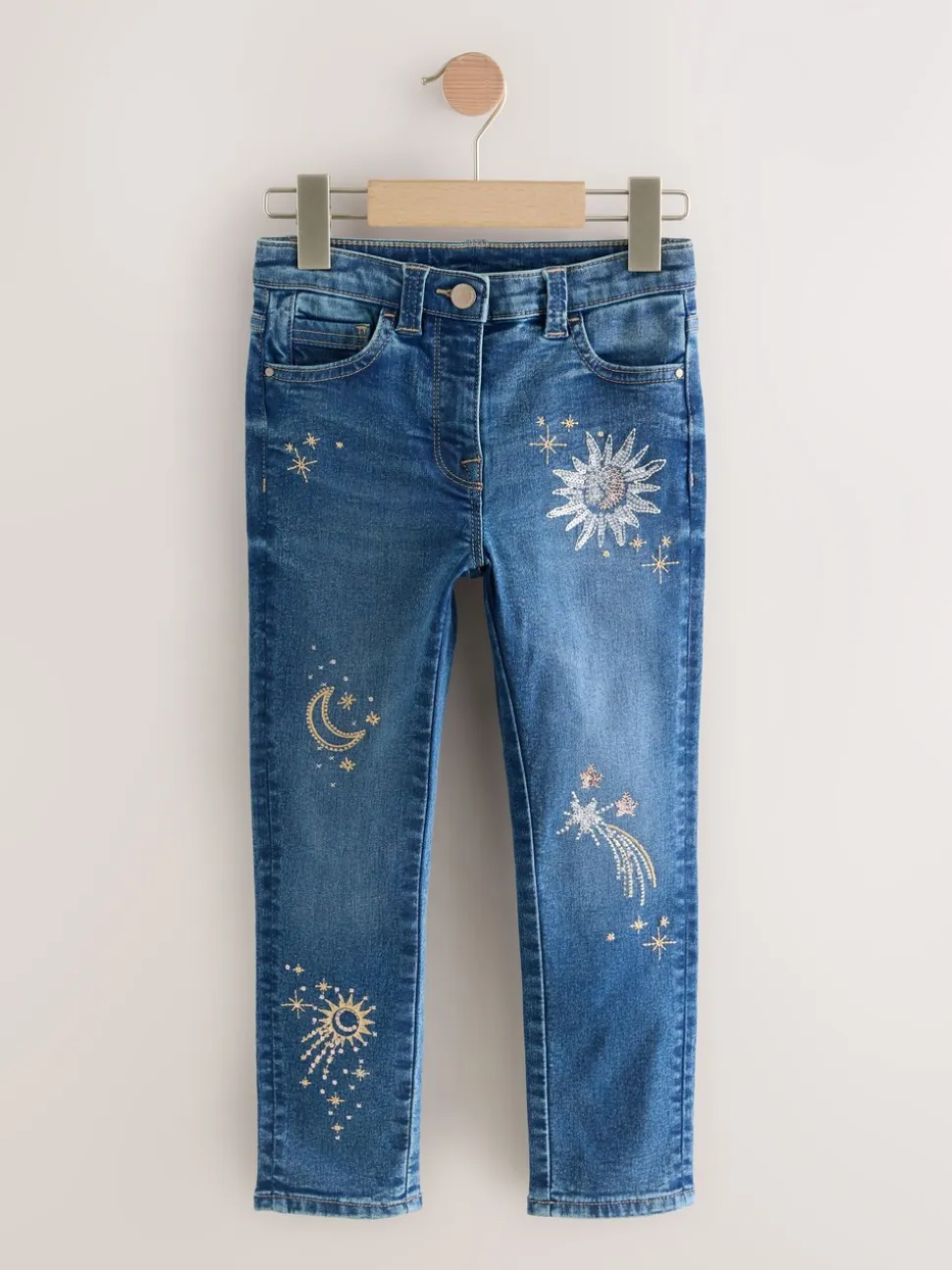 Normaal blauw - Jeans met rechte pijpen en bloemenborduursel (3-16jr)