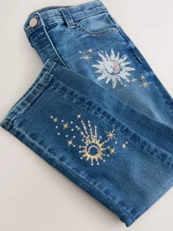 Normaal blauw - Jeans met rechte pijpen en bloemenborduursel (3-16jr)