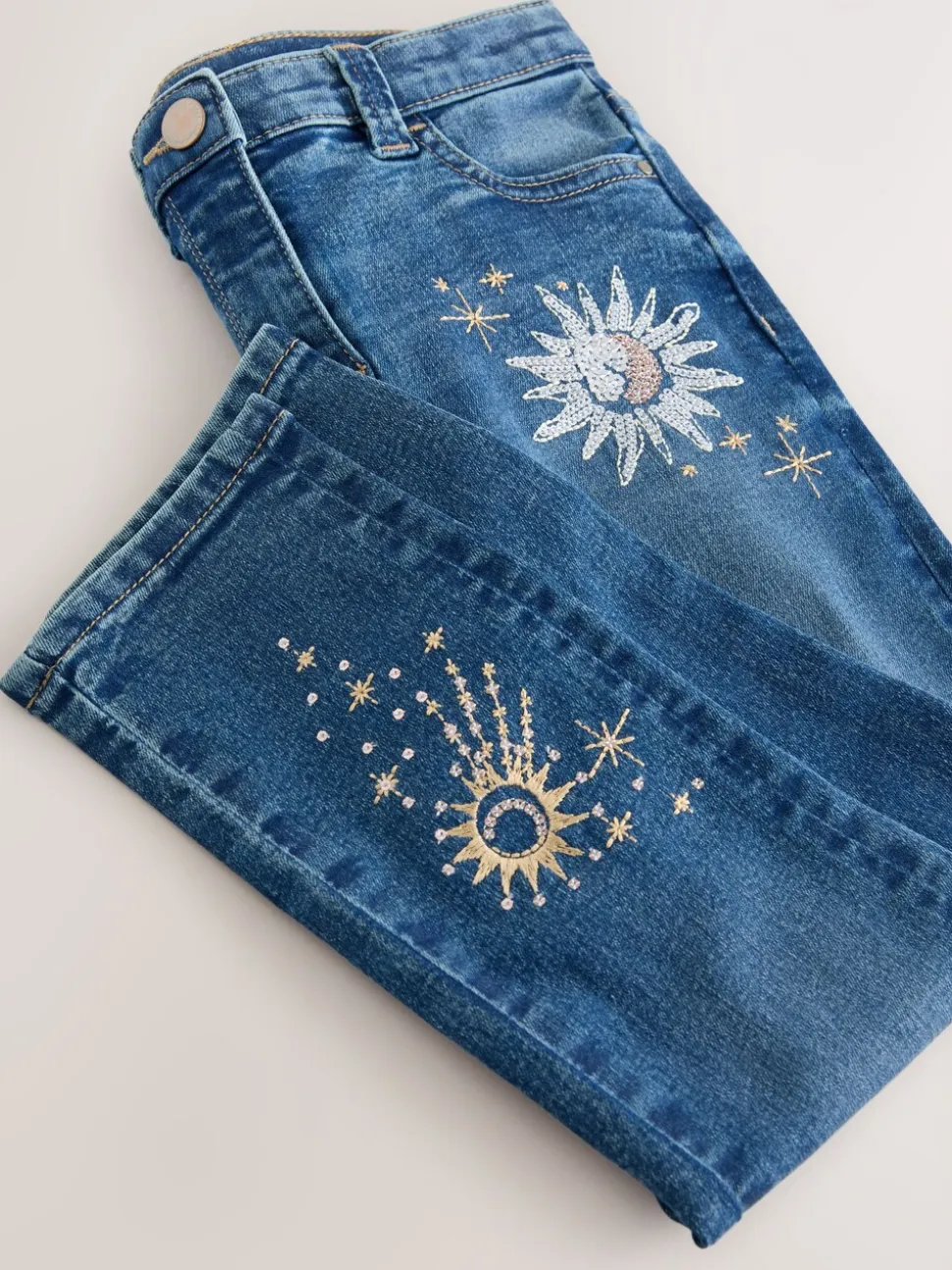 Normaal blauw - Jeans met rechte pijpen en bloemenborduursel (3-16jr)