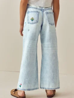 Normaal blauw - Jeans met rechte pijpen en bloemenborduursel (3-16jr)
