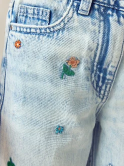Normaal blauw - Jeans met rechte pijpen en bloemenborduursel (3-16jr)