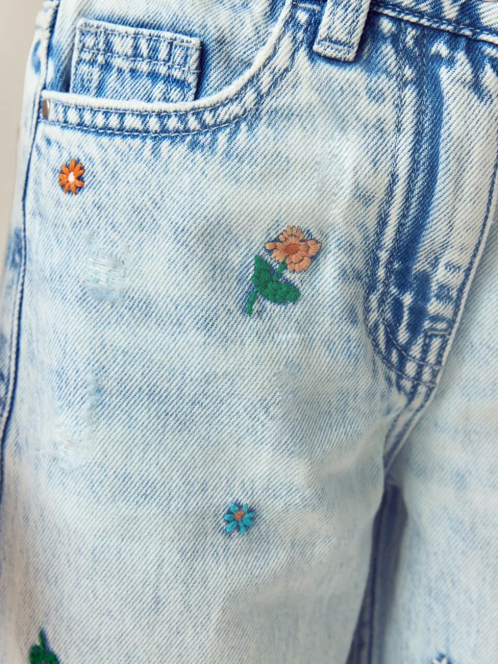 Normaal blauw - Jeans met rechte pijpen en bloemenborduursel (3-16jr)