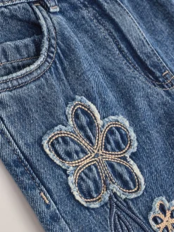 Normaal blauw - Wijde jeans met Bloemenprint en versieringen (3-16jr)