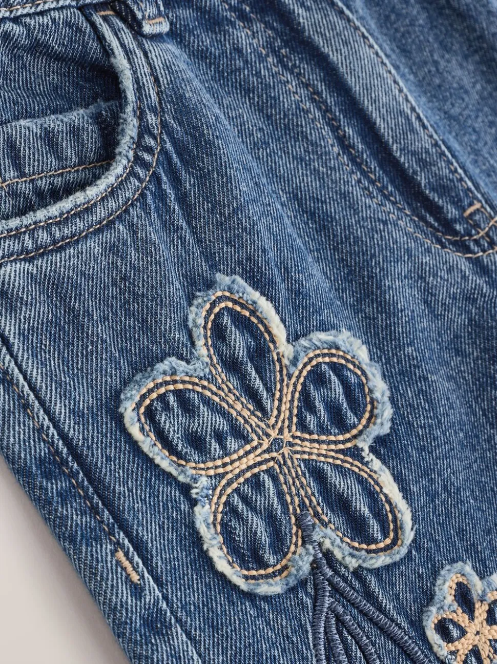Normaal blauw - Wijde jeans met Bloemenprint en versieringen (3-16jr)