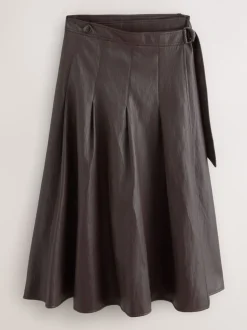 Nothing Ordinary Faux Leather Wrap Midi Kilt Skirt