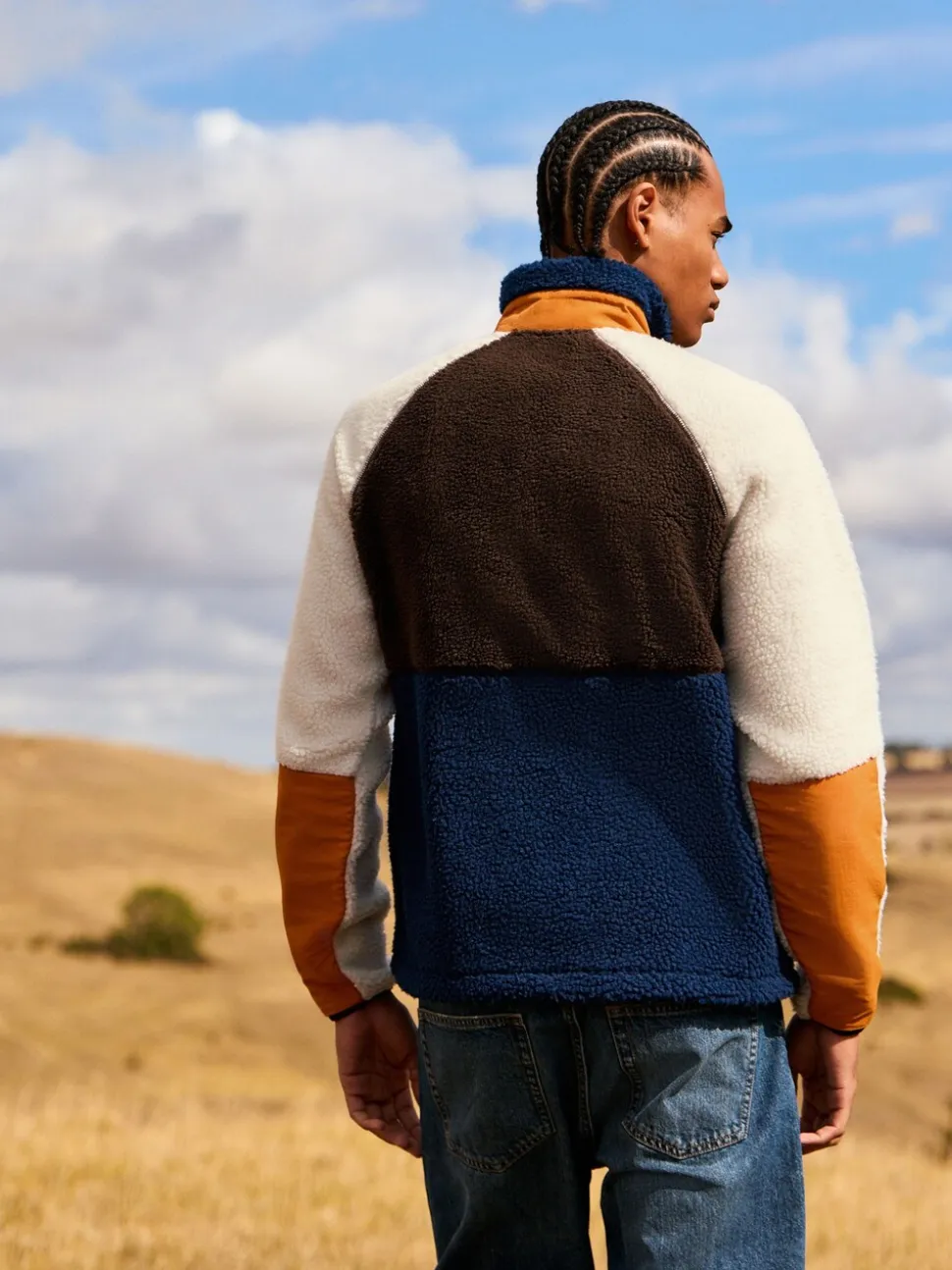 Ochre Orange/Ecru Neutral - Colourblock Zip Through Funnel Fleece