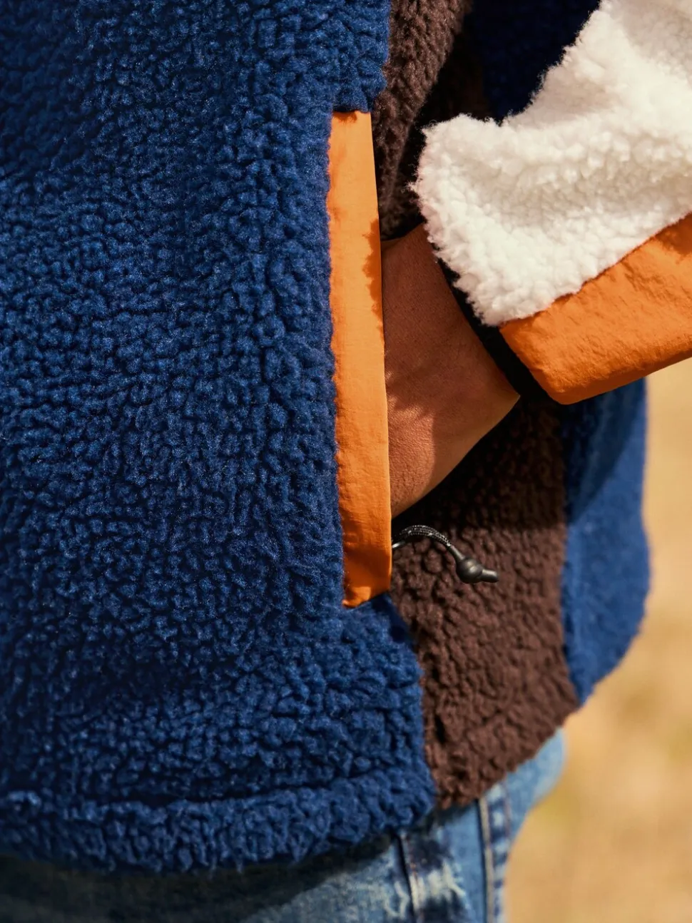 Ochre Orange/Ecru Neutral - Colourblock Zip Through Funnel Fleece