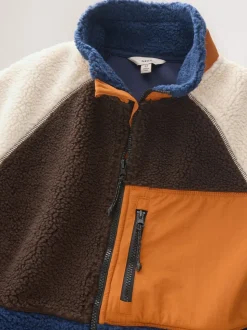 Ochre Orange/Ecru Neutral - Colourblock Zip Through Funnel Fleece