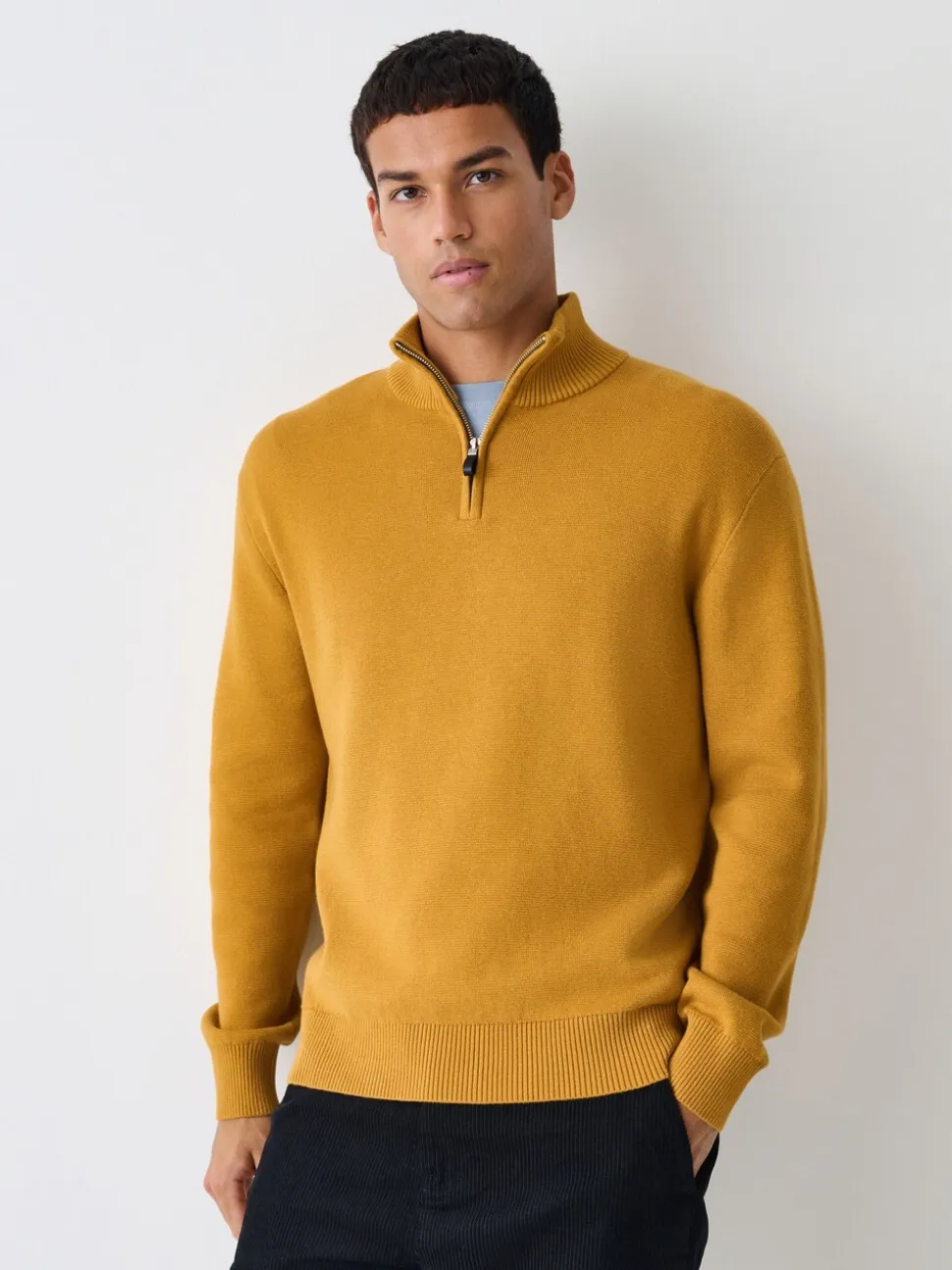 Okergeel - Effen - Regular fit 100% katoenen premium trui met korte rits