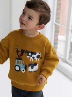 Okergeel/Antraciet boerderij - Set met sweatshirt en joggingbroek (3mnd -7jr)