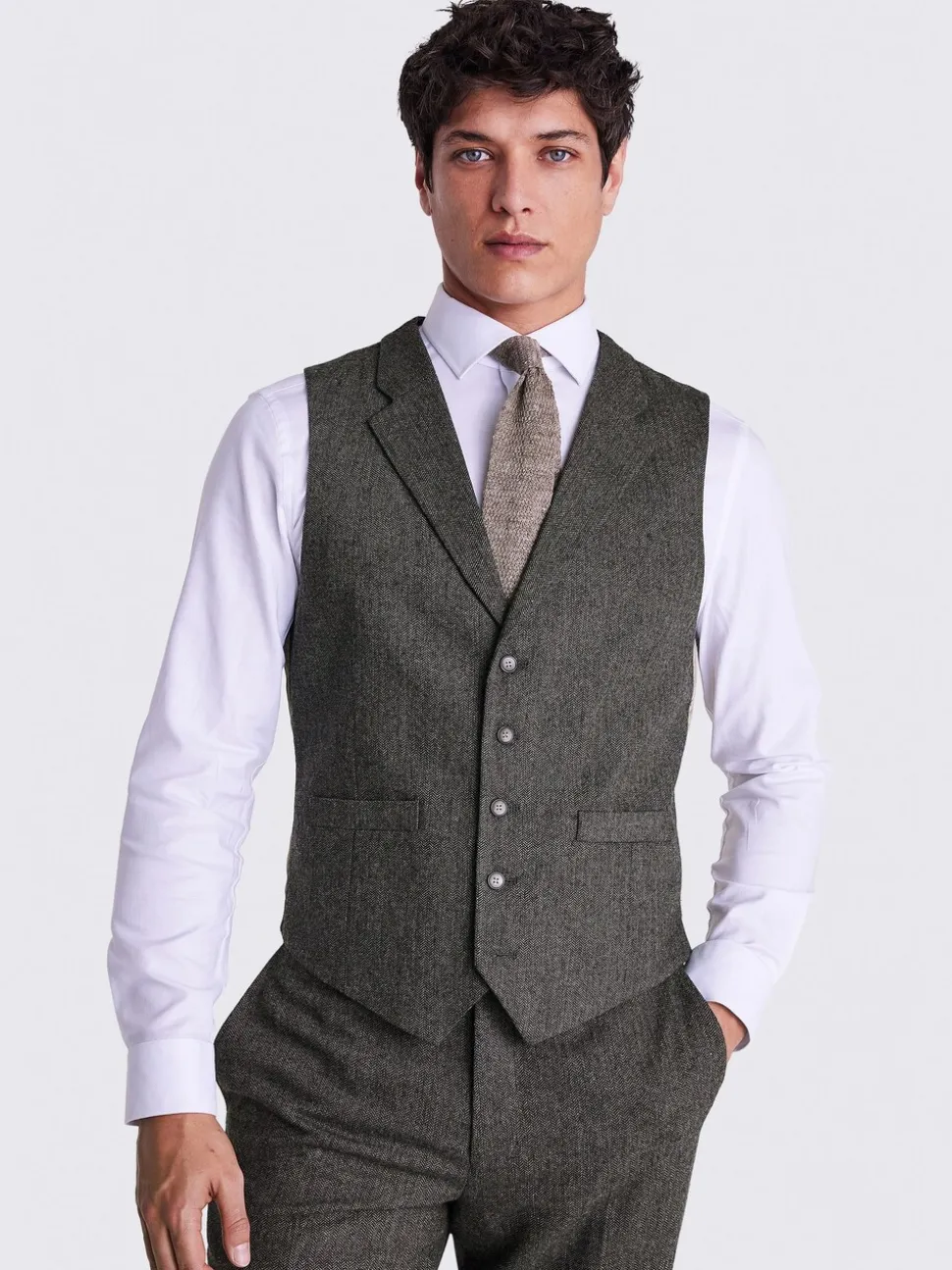 Olijfgroen - MOSS Tailored Herringbone Suit Waistcoat