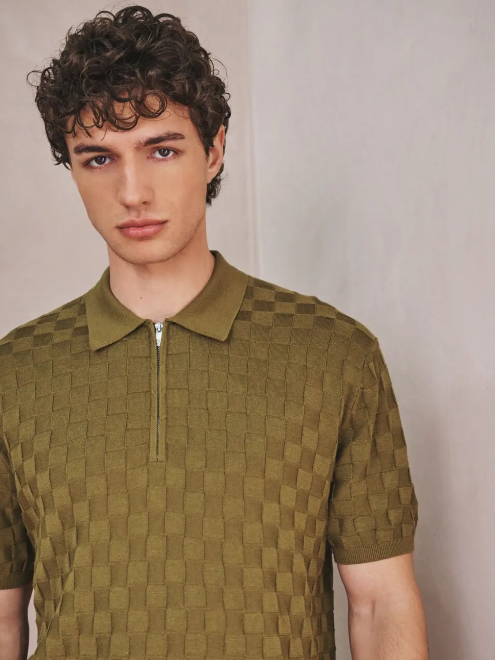 Olijfgroen - Regular Fit N.Premium Checkerboard Knitted Short Sleeve Zip Neck Polo Shirt