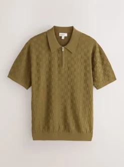 Olijfgroen - Regular Fit N.Premium Checkerboard Knitted Short Sleeve Zip Neck Polo Shirt