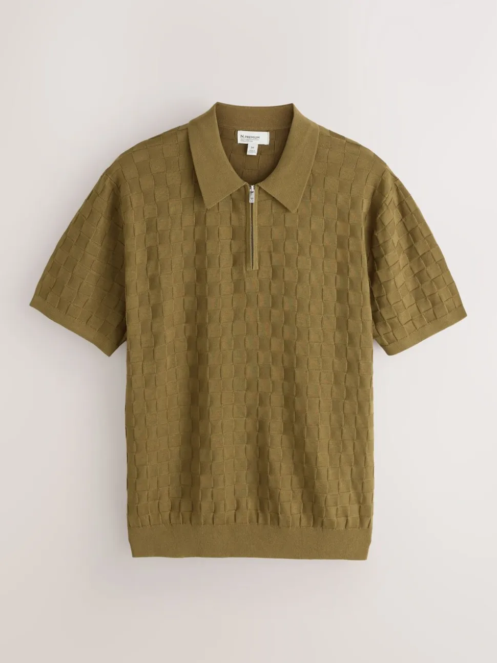 Olijfgroen - Regular Fit N.Premium Checkerboard Knitted Short Sleeve Zip Neck Polo Shirt