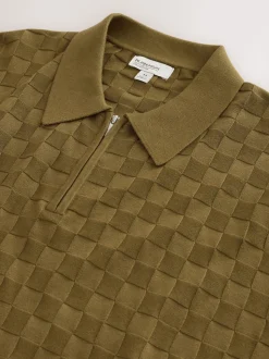 Olijfgroen - Regular Fit N.Premium Checkerboard Knitted Short Sleeve Zip Neck Polo Shirt